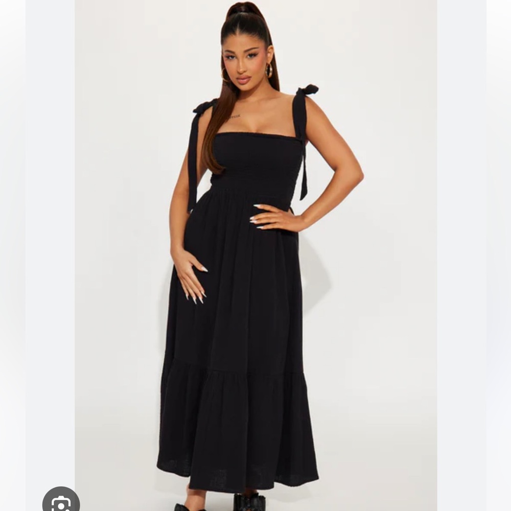 Smocked Tie Shoulder Midi Dress